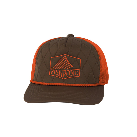 Brown and orange cap with Fishpond logo on a white background
